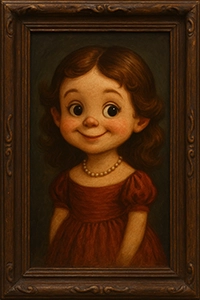 A young girl with a mischievous smile. On the back: 'Our portraits are a mess. Double tap on each one to fix them.