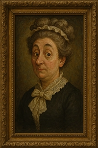 An elegant woman in a dark gown. On the back: 'Don't forget to water the plants.'
